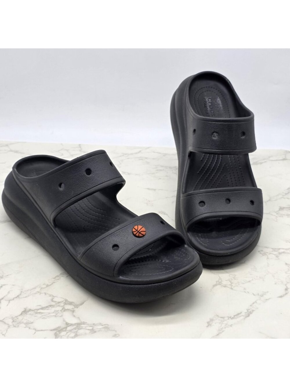 Crocs Slide Sandals Men 12 Black Basketball Jibbitz Charm Comfort Slip On Shoes